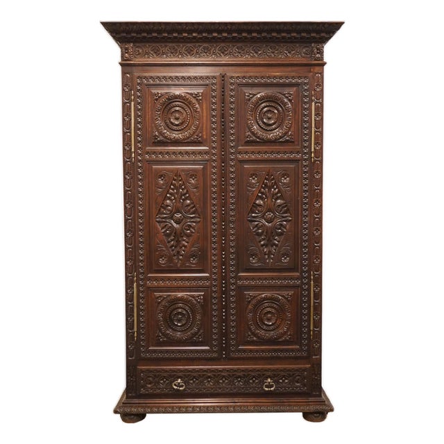 Vintage Antique English Walnut La Baule Escoublac Gothic Jacobean 49" Mirrored Wine Storage Bar / Cupboard For Sale
