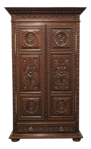 Vintage Antique English Walnut La Baule Escoublac Gothic Jacobean 49" Mirrored Wine Storage Bar / Cupboard