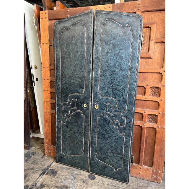 Verdigris Upholstered Arched Leather Theatre Doors With Frame For Sale - Image 8 of 12