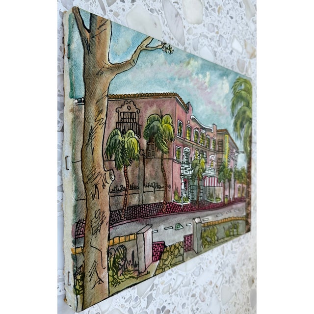 Vintage mixed-media (watercolor+marker) cityscape painting. The building is located in the Coconut Grove neighborhood of...