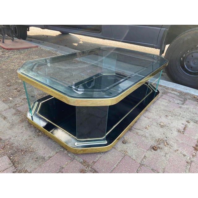 Vintage Hollywood Regency Style Black Lacquer and Glass Floating Coffee Table With Patina For Sale - Image 14 of 18