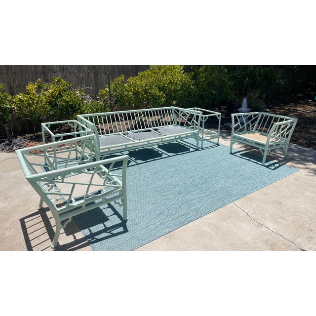 Vintage Faux Bamboo Patio Set by Meadowcraft, Chippendale Details and Sunbrella Cushions For Sale - Image 18 of 18