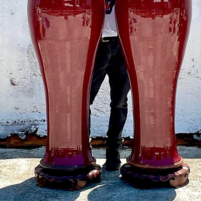 Vintage Boho Monumental “Sang De Bouf” Glazed Ceramic Vases - a Pair For Sale - Image 12 of 13