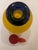 Murano Signed Franco Moretti Vintage Scavo Murano Glass Bottle Yellow /Blue With Red Stopper For Sale - Image 4 of 8