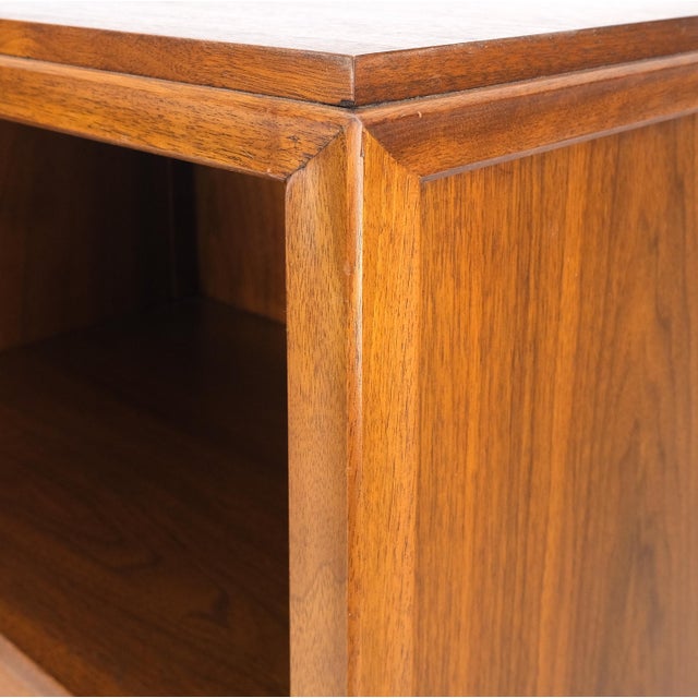 Pair Finished Back Danish Mid Century Modern One Drawer Walnut Night Stands MINT For Sale - Image 15 of 18