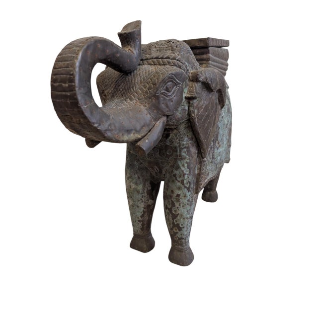 Bronze Vintage Hand-Carved Wood Elephant With Hammered Bronze Cladding and Interior Storage For Sale - Image 8 of 12