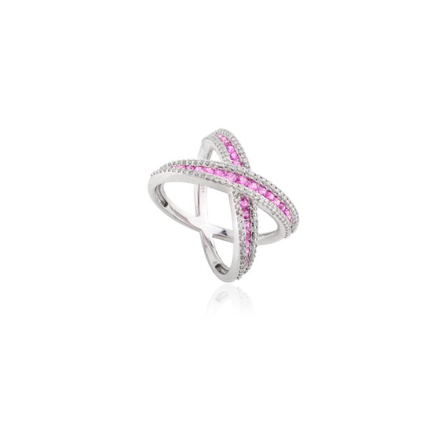 Pink Sapphire & Diamond Criss Cross Cocktail Ring- Round Cut Gemstone Midi Finger Ring Size 7 For Sale - Image 4 of 11
