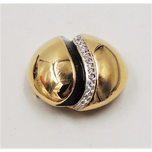 Gold 1980s Courreges Paris Goldtone Black Enamel & Clear Rhinestone Brooch For Sale - Image 8 of 8