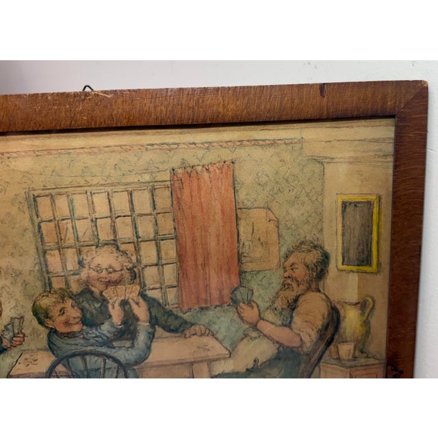 Brown Antique 19th Century Original Men Playing Cards at Table Watercolor Painting For Sale - Image 8 of 13