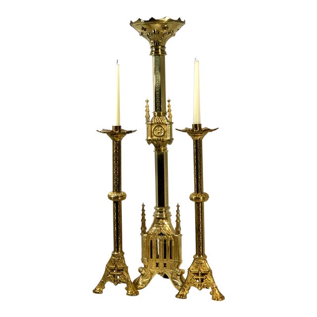 Antique Gothic Revival Brass Alter Candle Holders Candlesticks Set of