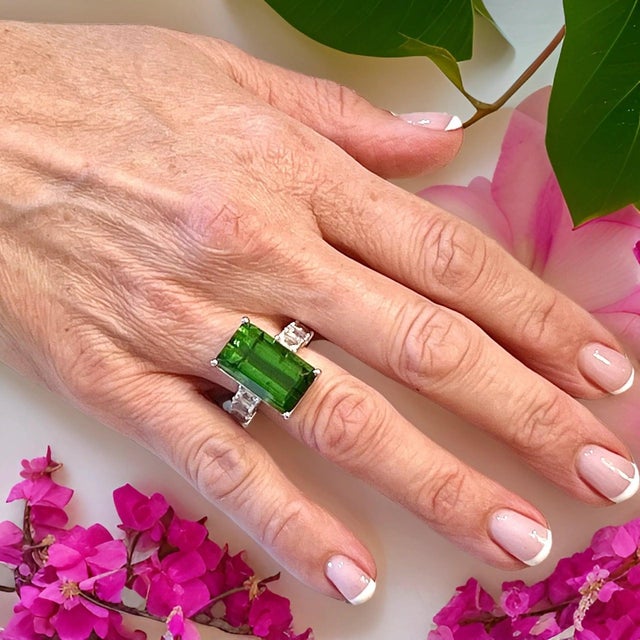 Natural Tourmaline White Sapphire Ring 6.75 14k WG 21.03 TCW Certified For Sale - Image 11 of 18