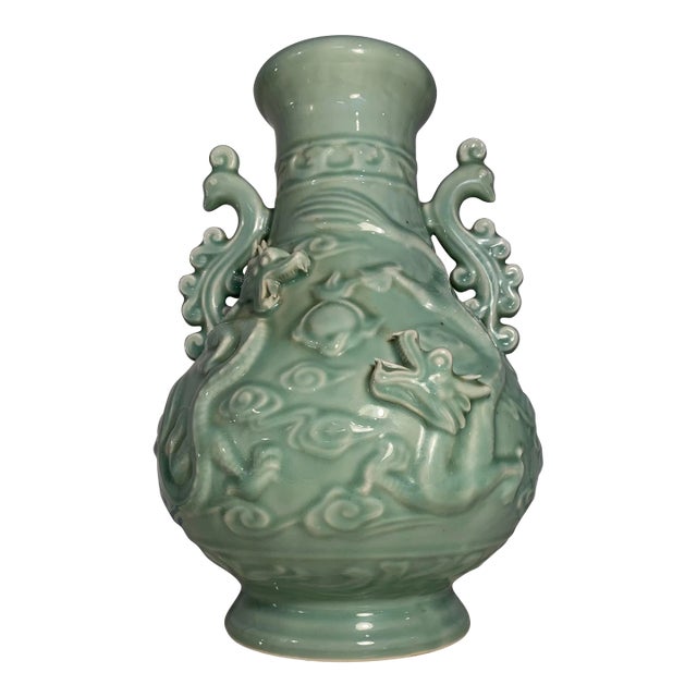 1970s Vintage Large Celadon Dragon Urn/Vase With Peacock Handles For Sale