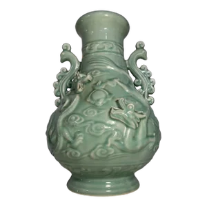1970s Vintage Large Celadon Dragon Urn/Vase With Peacock Handles
