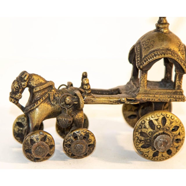 Antique Hindu Bronze Temple Horse and Chariot Statue Toy on Wheels India For Sale - Image 4 of 12