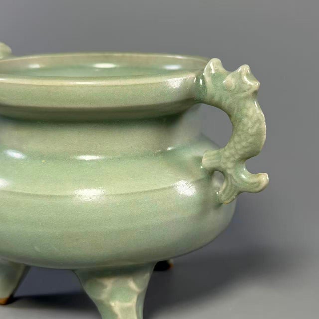 Chinese Vintage Chinese Longquan Celadon Porcelain Incense Burner | One of a Kind, Dragon‑Shaped Handles For Sale - Image 3 of 7