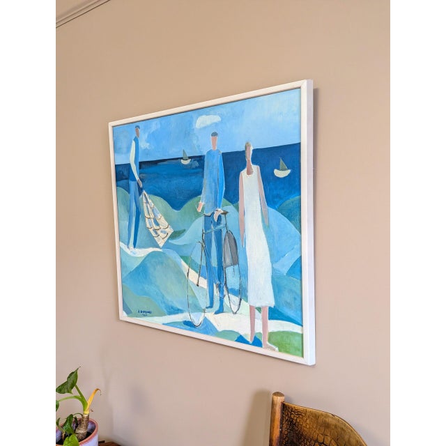 1980s 1987 Modernist 'Figures by the Sea' Vintage Swedish Original Coastal Landscape Oil Painting, Framed For Sale - Image 5 of 12