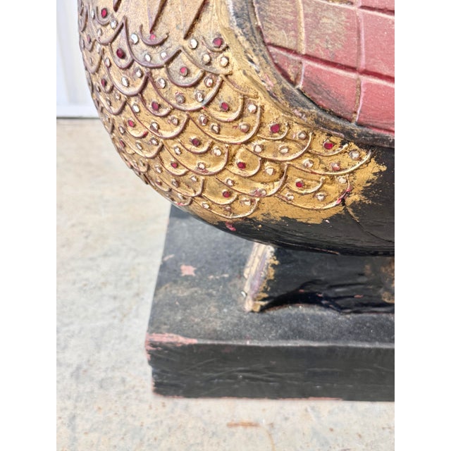 Brick Red Vintage Indonesian Balinese Folk Art Painted Wood Temple Swan Statue For Sale - Image 8 of 12