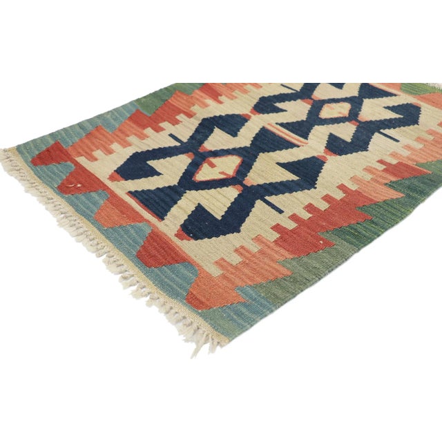 Vintage Persian Shiraz Kilim rug with Tribal style 02'01 x 02'10. Full of tiny details and a bold expressive design...