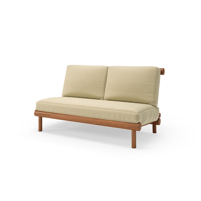 Mid-Century Modern Rishon Teak Outdoor Love Seat - Antique Beige For Sale - Image 3 of 5