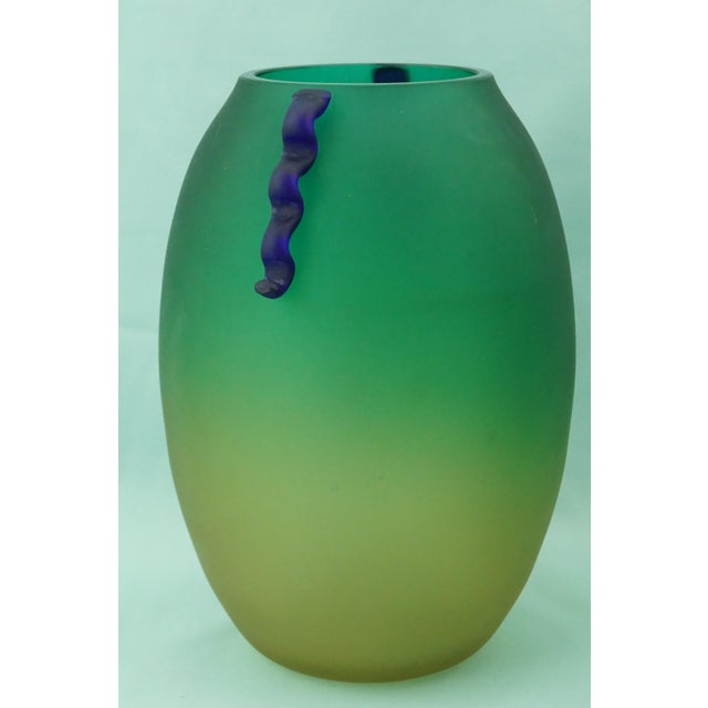 Blue Green and Yellow Acid-Etched Opaque Murano Glass Deco Vase, Venice, Italy, 1950s For Sale - Image 8 of 18