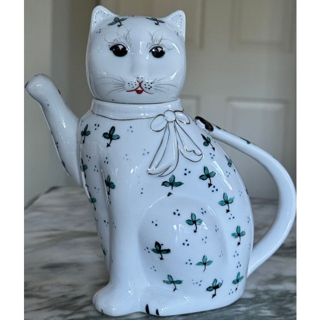 1970’s Blue & Green Accent Lucky Cat Motif Tea Pot For Sale - Image 13 of 13