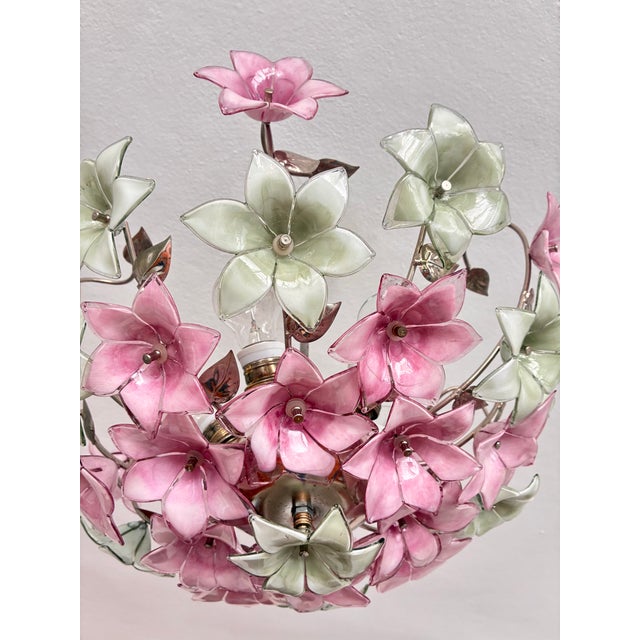 Glass Vintage Italian Murano Style Botanical Flower Ceiling Light, Vintage Handblown Pink Green Glass Bouquet Chandelier, 5-Light Flush Mount For Sale - Image 7 of 17