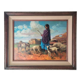 1970s Filastro Mottola Pastoral Oil Painting Native American Navajo Girl Sheep Desert For Sale