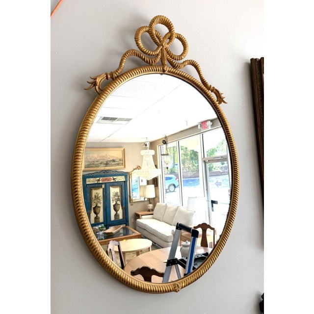 Hollywood Regency Vintage Carvers' Guild Rope & Tassel Bow Oval Wall Mirror For Sale - Image 3 of 11