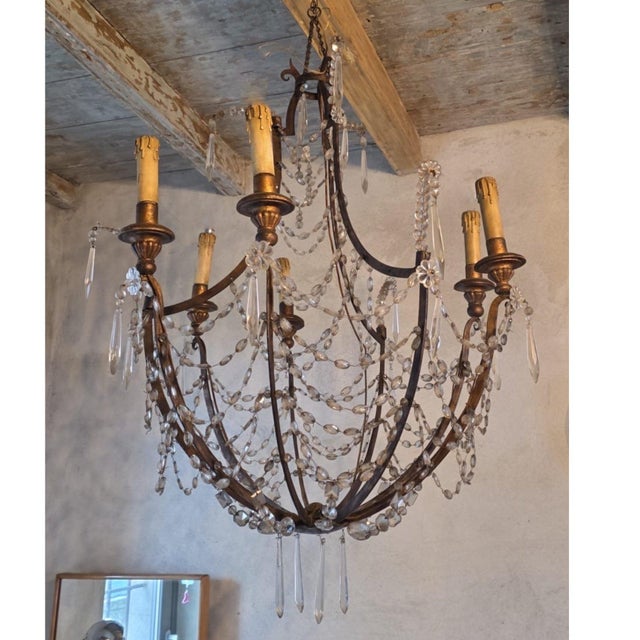 19th Century Italian Empire Giltwood & Iron Chandelier With Crystal Basket For Sale In New Orleans - Image 6 of 6