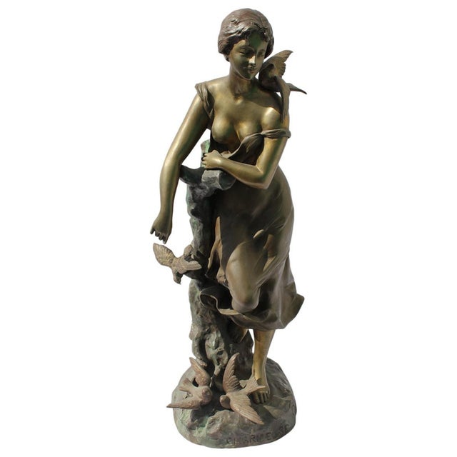 Bronze Antique Bronze Lady Figurine Signed Champagne Lg Title Charmeise circa 1900 For Sale - Image 8 of 18