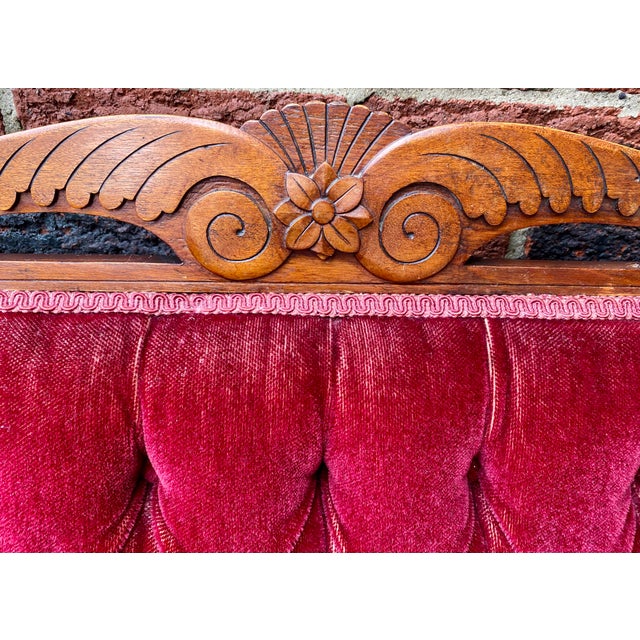 Vintage Victorian-Style Wine Red Velvet Loveseat For Sale - Image 4 of 17