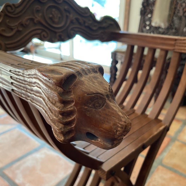 Metal 3 Piece Chess Table With Two Italian 19th Century Renaissance Revival Savonarola Chairs For Sale - Image 7 of 8