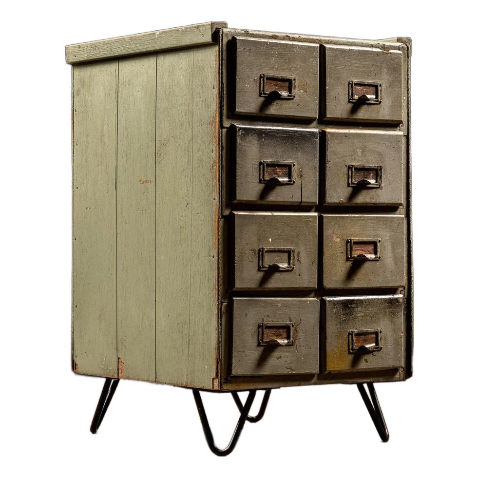 Primitive Pine Card Catalog on Hairpin Legs Chairish