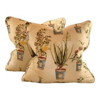 Hand-Printed European Fabricut Vervain Botanique Green Rusty-Red Turquoise Yellow Botanical Potted Floral Pillow Covers- 20" Pair For Sale