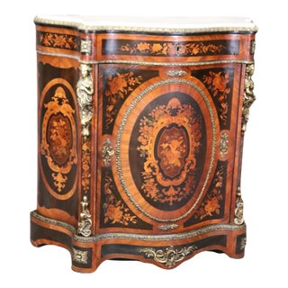 Figural Bronze Mounted Marble Top Napoleonic Inlaid Cabinet Commode For Sale