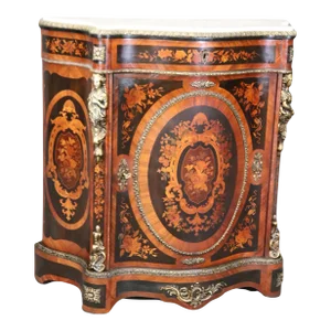Figural Bronze Mounted Marble Top Napoleonic Inlaid Cabinet Commode