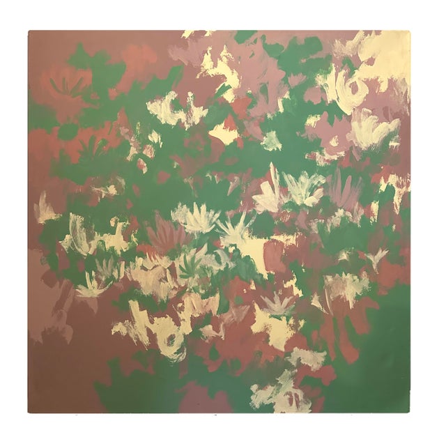 Late 20th Century Extra Large Green, Yellow, and Mauve Abstract Painting on Canvas #2 For Sale