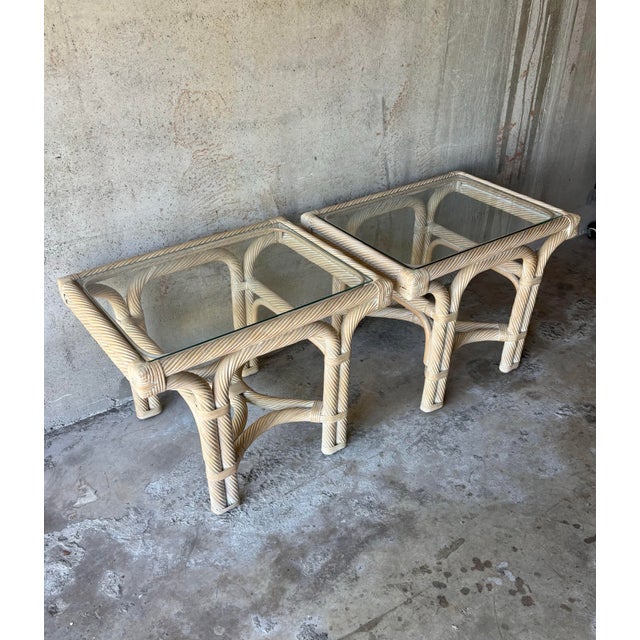 1970s Vintage Coastal Rattan and Glass End Tables - Pair For Sale - Image 5 of 8