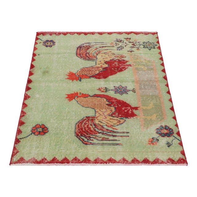 1950s Vintage Zeki Müren Distressed Rug in Green & Red With Pictorials - Rug & Kilim For Sale - Image 5 of 7