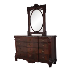 Drexel Nine Elms Empire Flame Mahogany Marble Top Dresser / Long Chest & Mirror