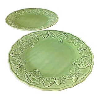Vintage Bordallo Pinheiro Turkey Green Majolica Platter – Portuguese Ceramic Thanksgiving Serving Plate With Turkey, Oak Leaf & Acorn Relief For Sale