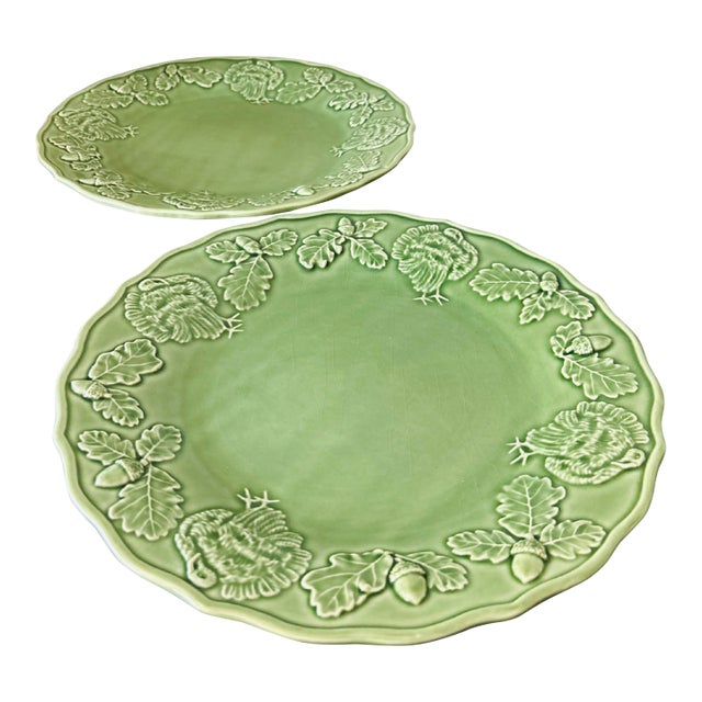 Vintage Bordallo Pinheiro Turkey Green Majolica Platter – Portuguese Ceramic Thanksgiving Serving Plate With Turkey, Oak Leaf & Acorn Relief For Sale
