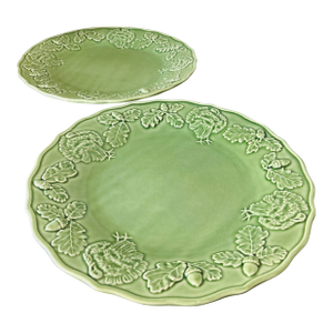 Vintage Bordallo Pinheiro Turkey Green Majolica Platter – Portuguese Ceramic Thanksgiving Serving Plate With Turkey, Oak Leaf & Acorn Relief