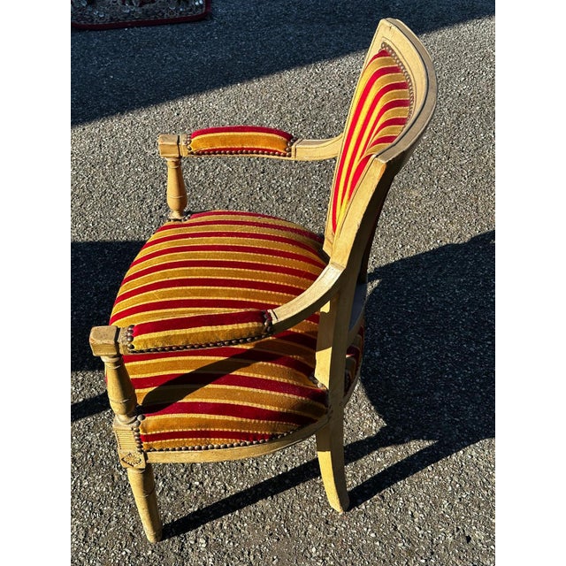 Wood Louis XVI Cabriolet Armchair in Patinated Wood and Striped Velvet For Sale - Image 7 of 15