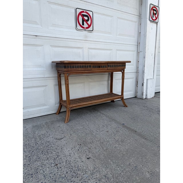 Boho Chic Vintage Boho Rattan & Wicker Console Table With Drawer and Woven Shelf For Sale - Image 3 of 12