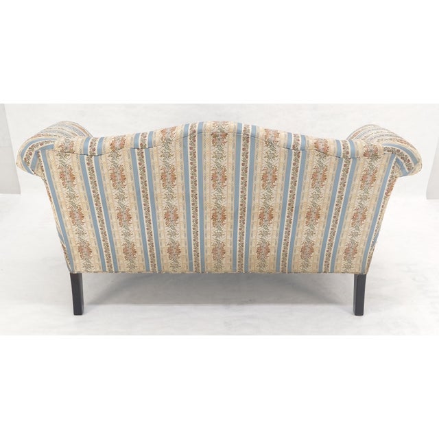 Blue Pair of Camelback Loveseat Blue & White Striped & Floral Upholstery MINT! For Sale - Image 8 of 18