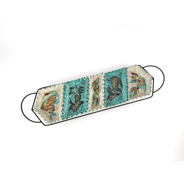 Turquoise 1960s French Vallauris Borty Ceramic Aperitif Serving Set in Iron Holder For Sale - Image 8 of 18