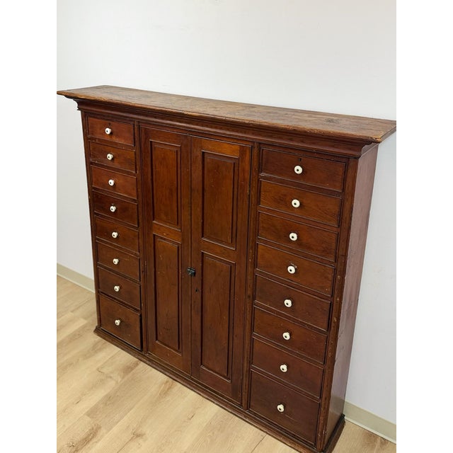 Early 20th Century Rare Antique Apothecary Cabinet 16 Drawer Two Door Large Wood Storage For Sale - Image 5 of 12