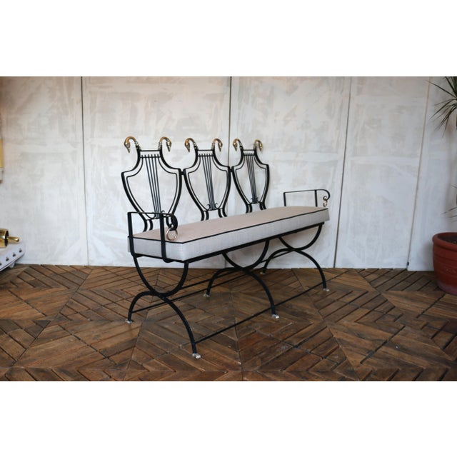 Samuel Copelon 1950s Iron Lyre Back Settee With Brass Swan Heads & Paw Feet by Samuel Copelon For Sale - Image 4 of 18