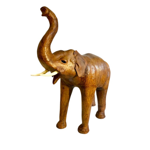 Vintage Moroccan Leather Elephant Sculpture, Handcrafted With Glass Eyes, 26.5” Tall For Sale - Image 4 of 18
